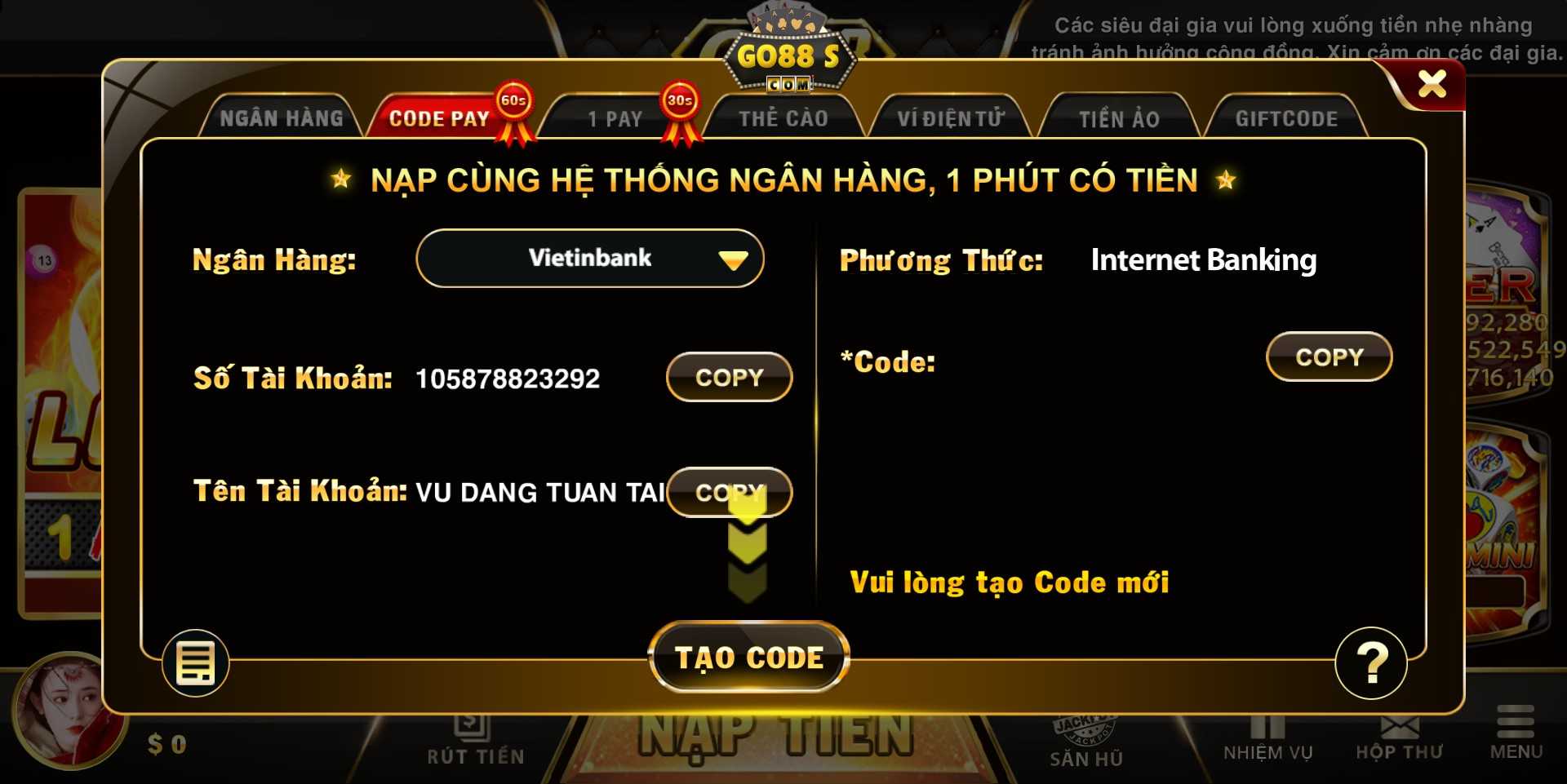 Giao diện nạp tiền qua hình thức code pay tại Go88