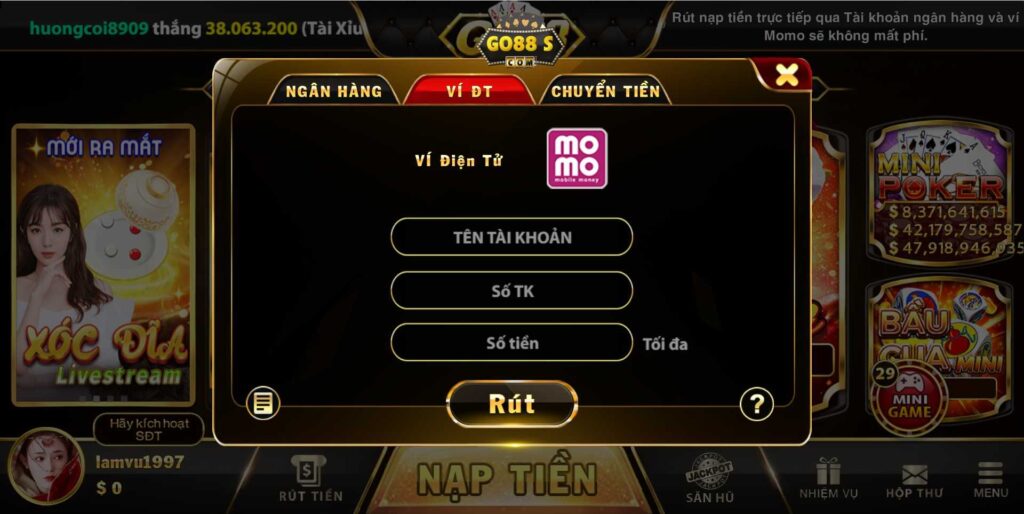 Giao diện rút tiền qua ví điện tử tại Go88