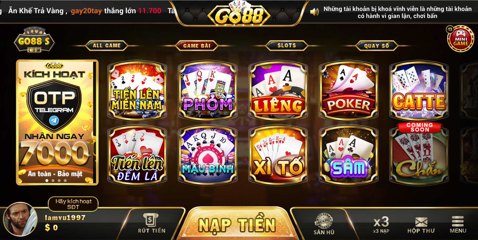 Giao diện sảnh game bài tại Go88