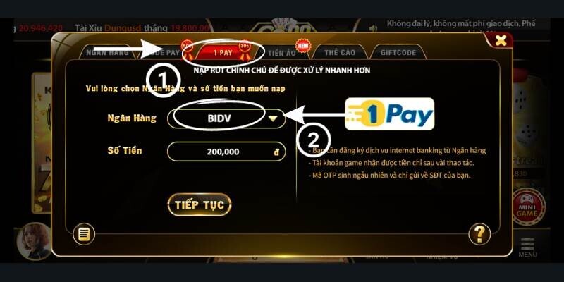 Chọn ngân hàng BIDV tại mục 1 Pay