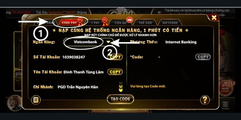 Chọn ngân hàng Vietcombank trong mục Code Pay