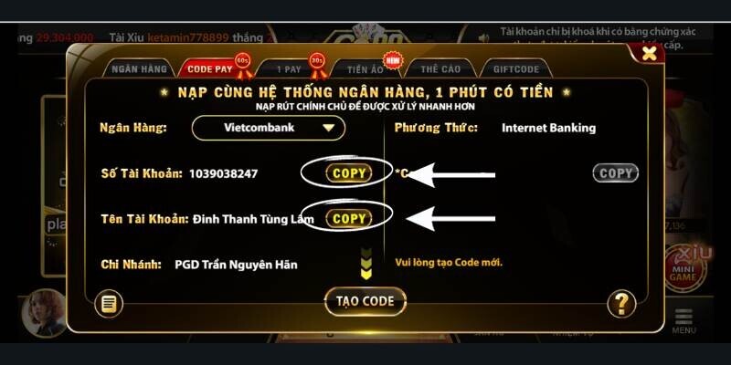 Copy và tiến hành chuyển tiền đến tài khoản Vietcombank trên màn hình 