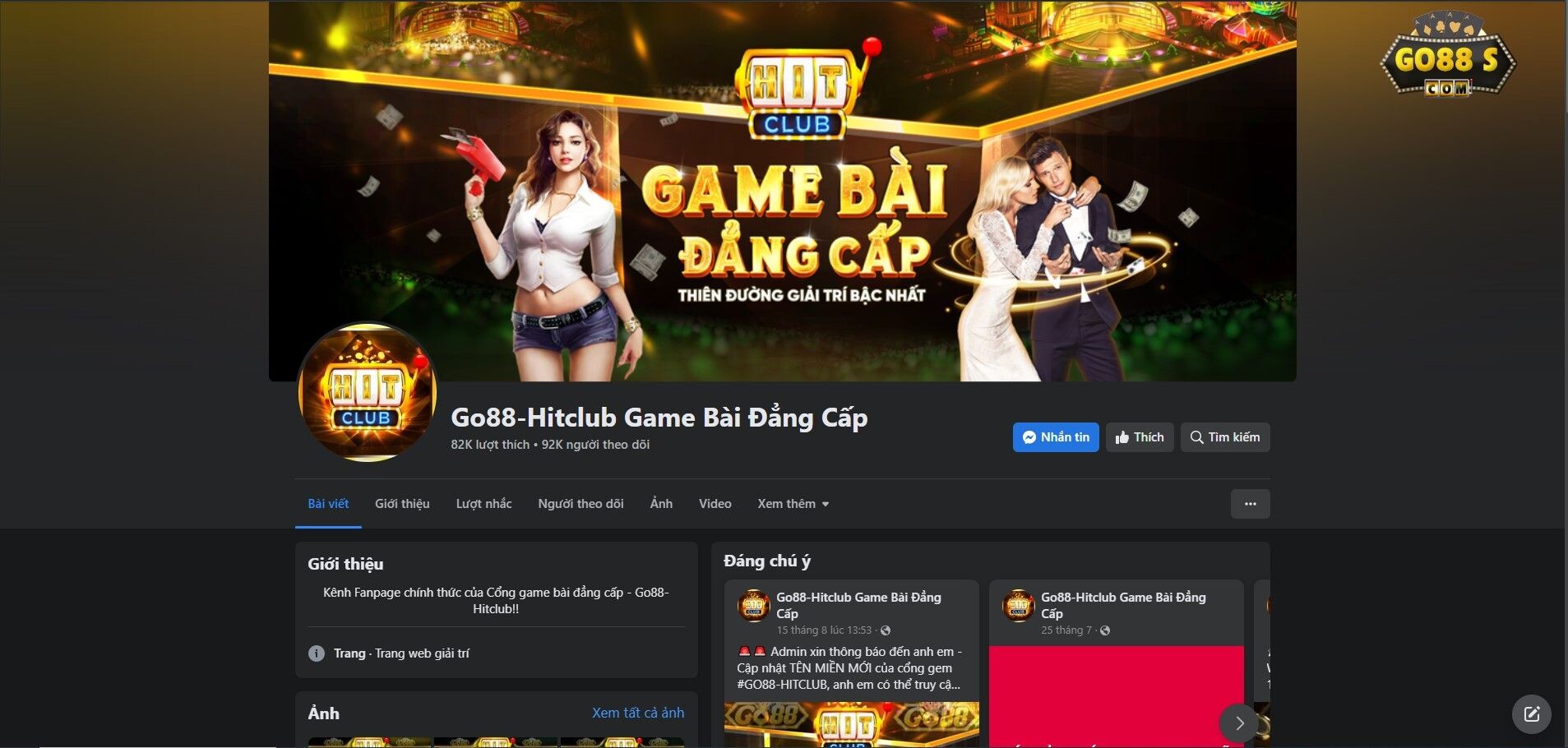 Giao diện hỗ trợ qua fanpage của Go88