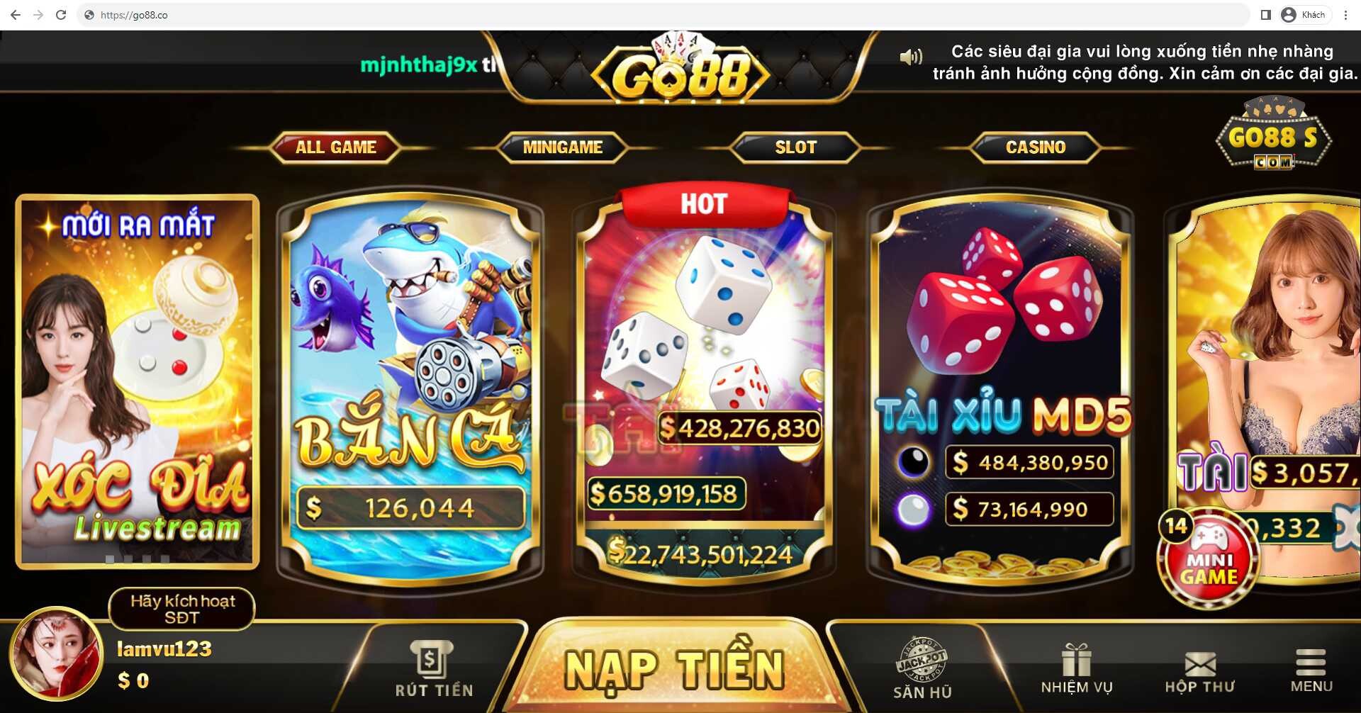 Giao diện trang chủ cổng game Go88 tại domain go88.co