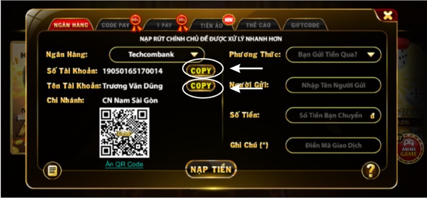 Lấy thông tin và chuyển tiền đến tài khoản Techcombank của Go88