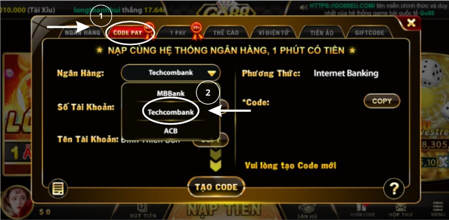 Lựa chọn Techcombank để lấy thông tin từ cổng game 