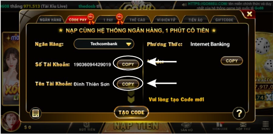 Tiến hành copy và thực hiện chuyển tiền đến tài khoản Techcombank của cổng game